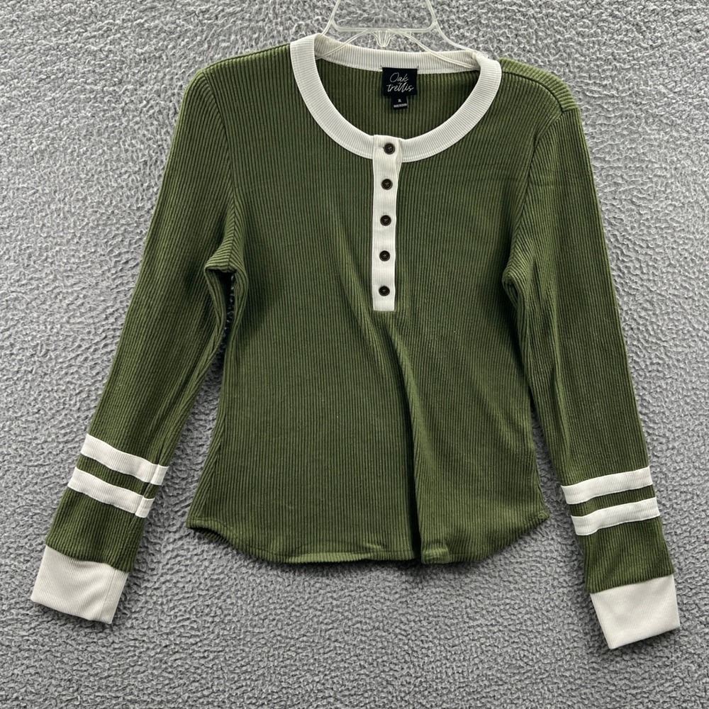 Womens Ribbed Henley Top XL Contrast Trim Fitted Stretch Layering Casual Preppy